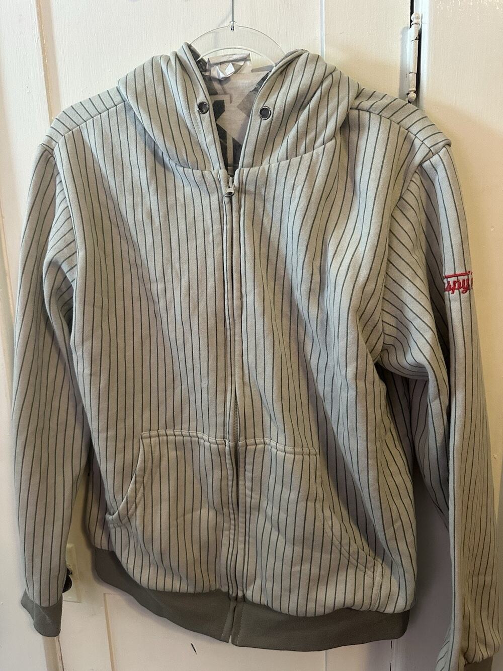 Krispy Kreme Doughnuts Hoodie Medium Full Zip Pinstripe Photo Collage Lined